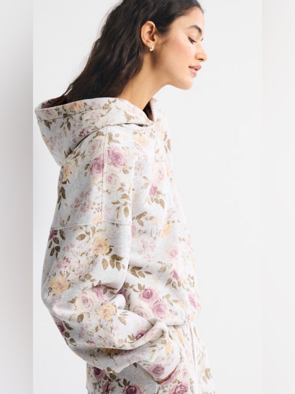 NWT Abercrombie &Fitch Floral Hooded Sweatshirt Light Gray W Dusty Rose S & M - Picture 3 of 8